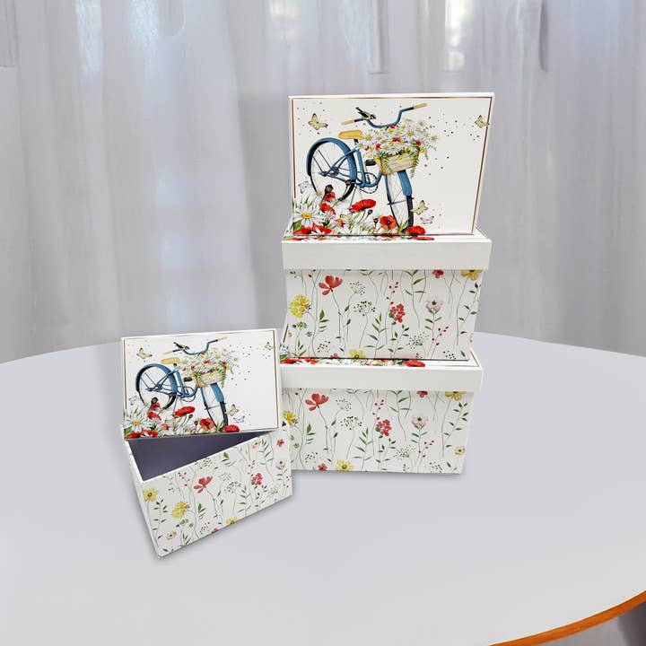 Multi Rectangle Nesting Boxes Top Lid Bike & Flowers Set Of 4 for wholesale on Faire