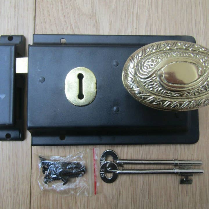 6" Rim Lock Black & Art Nouveau Brass Set for wholesale by IronmongeryWorld
