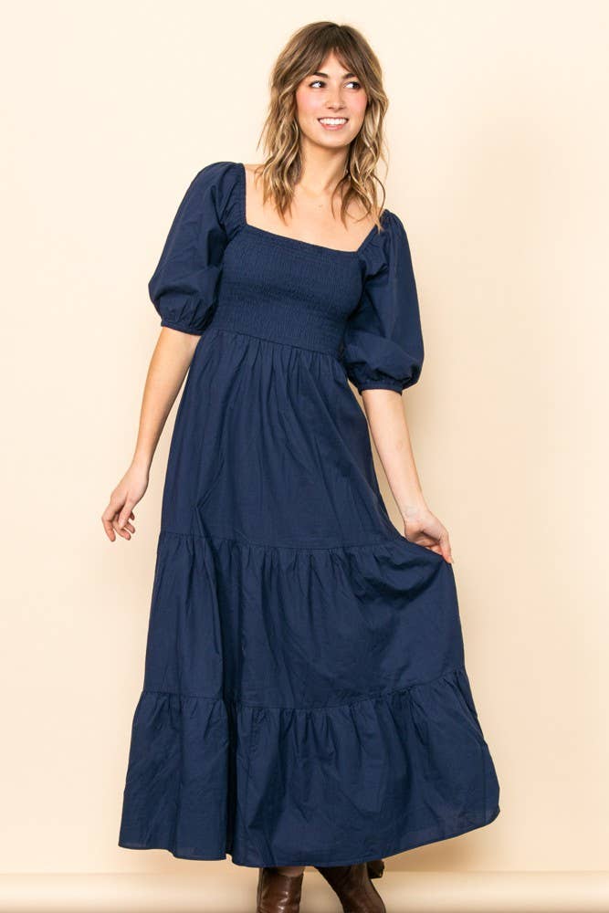 Elloh Collection - Wholesale Dress - Women's - On Off Shoulder Half Sleeve Cotton Smocked Tiered Maxi Dress4