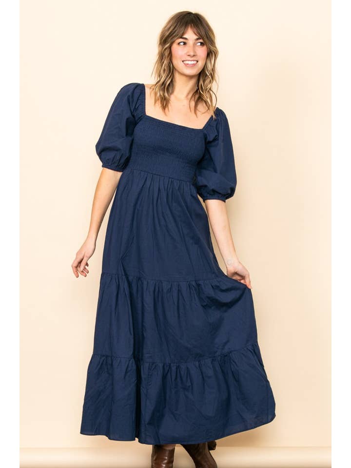 Elloh Collection - Wholesale Dress - Women's - On Off Shoulder Half Sleeve Cotton Smocked Tiered Maxi Dress4
