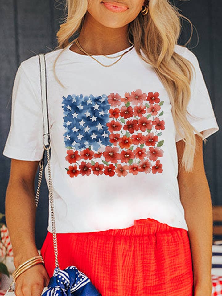 Star Floral American Flag Printed T Shirt for wholesale by FULL TIME PURCHASE