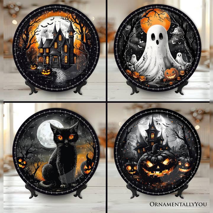 OrnamentallyYou – Engroshandel Spisestel – Haunted Night sæt med 4 tallerkener, sort Halloween bordservice
