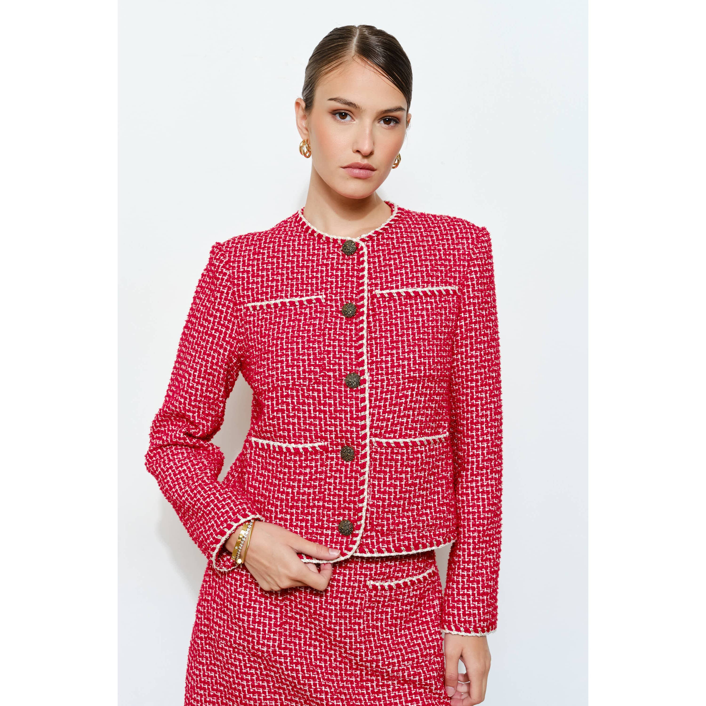 INA - Wholesale Jacket - Women's - Braided Trim Tweed Button-Up Jacket2