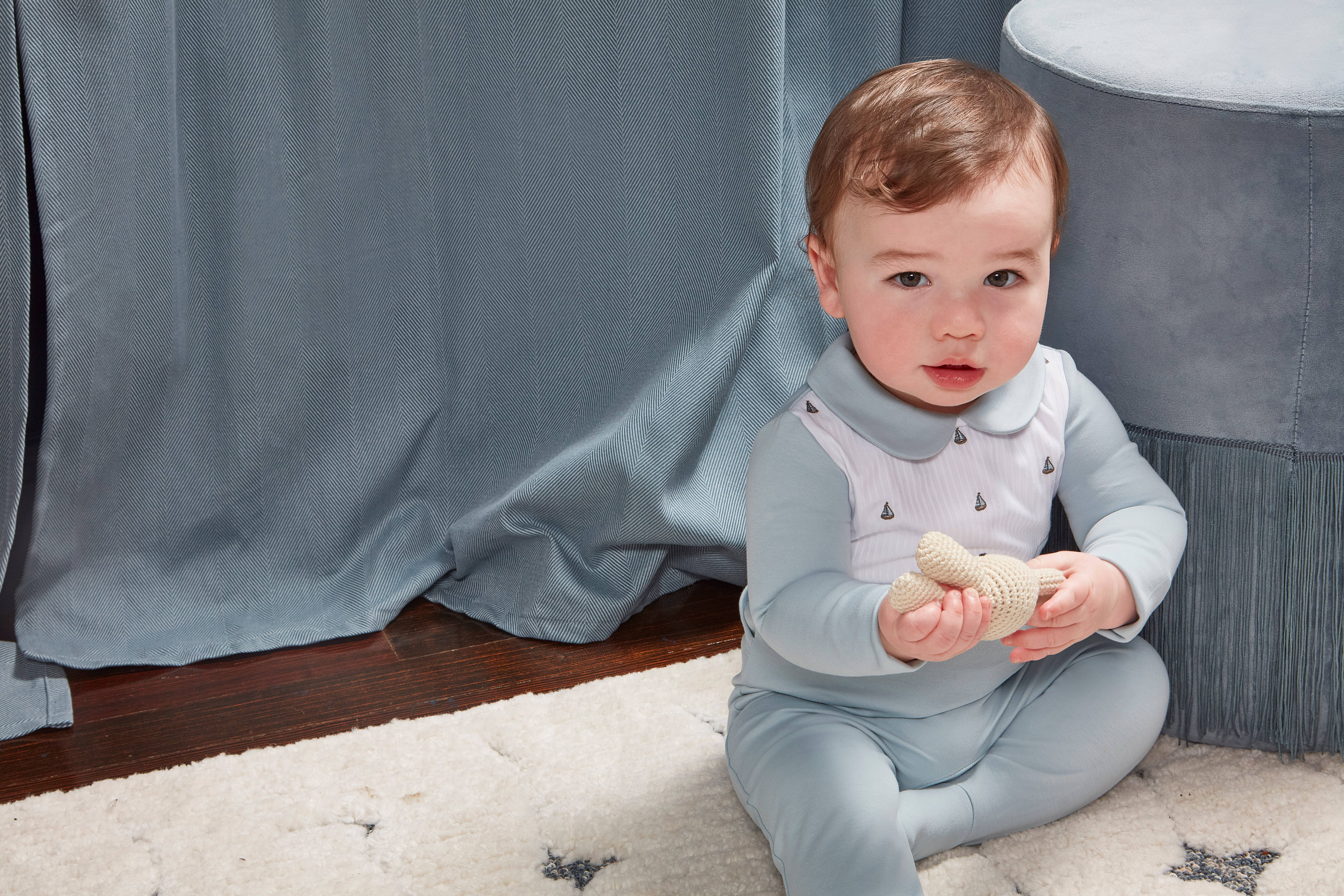 Blue Sail On Pintuck Footie for wholesale on Faire2