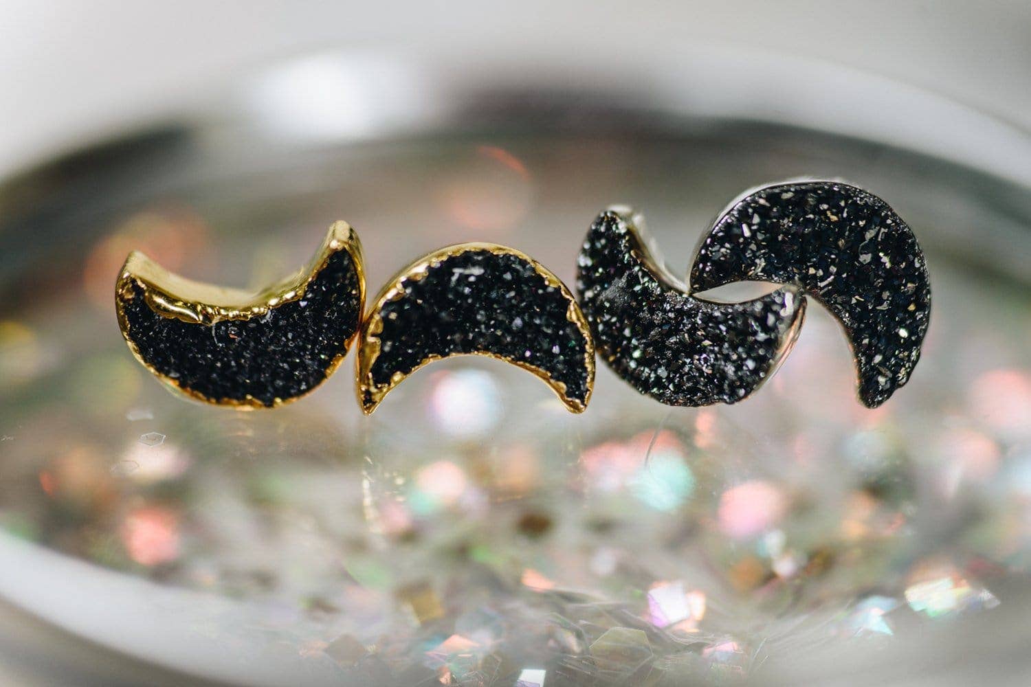 Rock Paradise - Wholesale Stud/Post Earrings - Crystal Moon Titanium Druzy Stud Earrings Electroplated 24k4