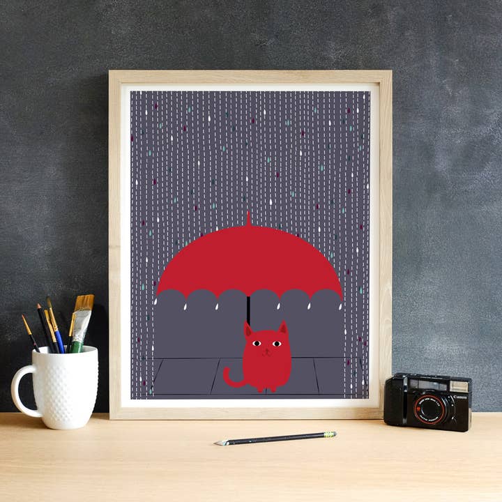 Chat Art Impression Giclee Rain Kitty Cat Amoureux Art Jour de la Pluie pour la vente par strawberryluna