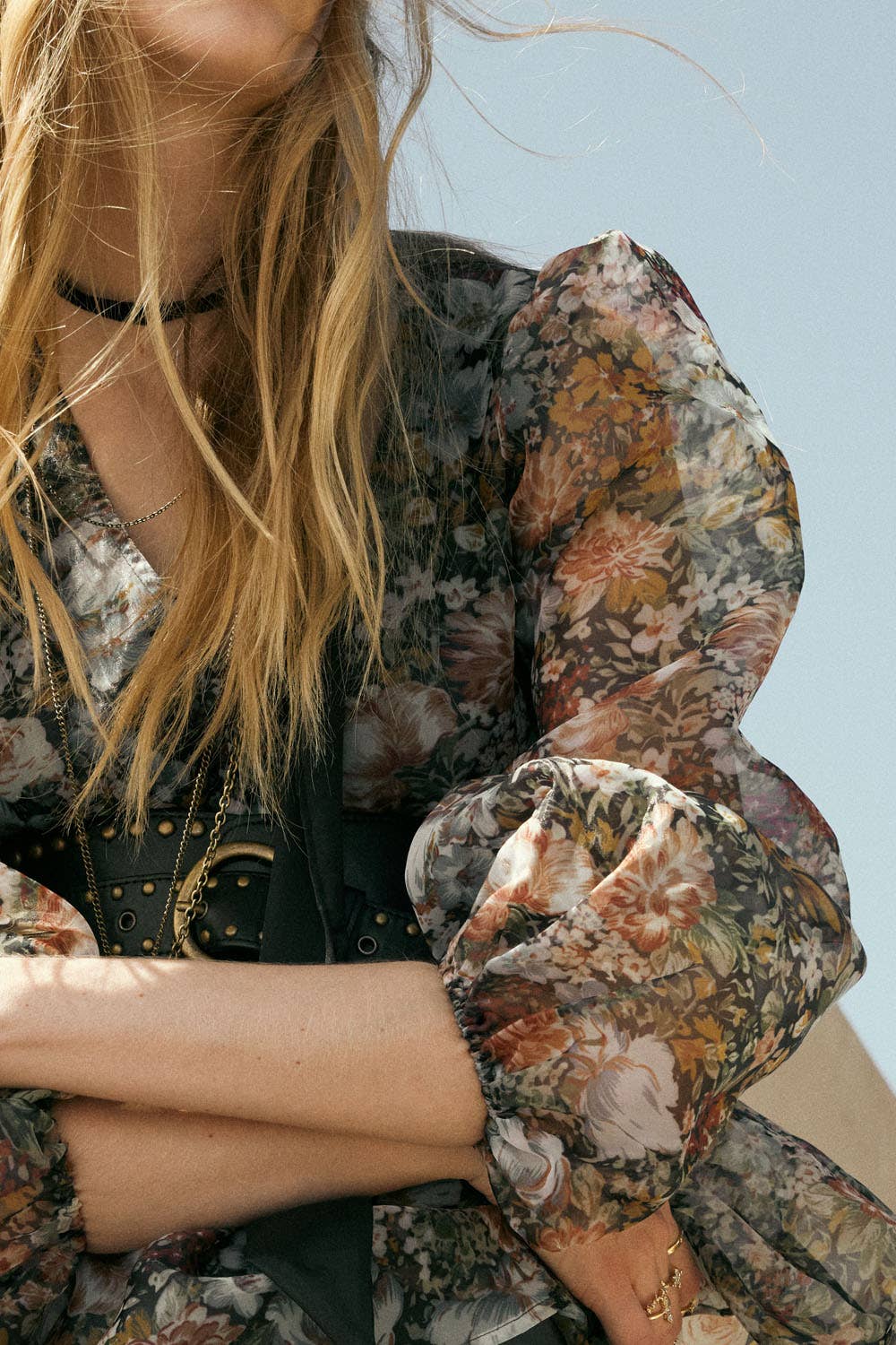 BLACK Floral-Print Organza Puff-Sleeve Peplum Top for wholesale on Faire1