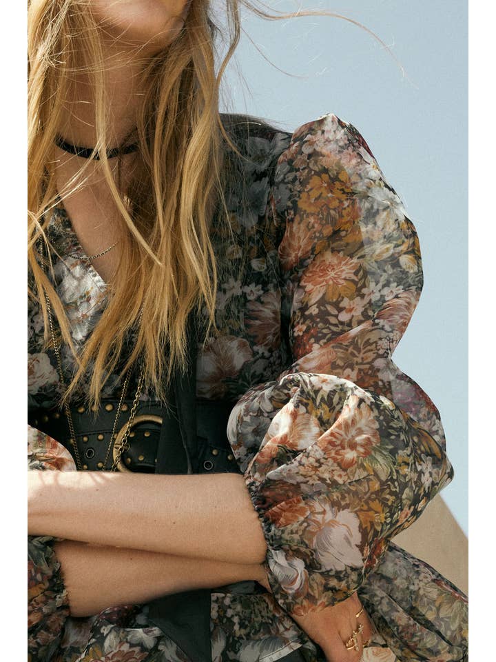 BLACK Floral-Print Organza Puff-Sleeve Peplum Top for wholesale on Faire1