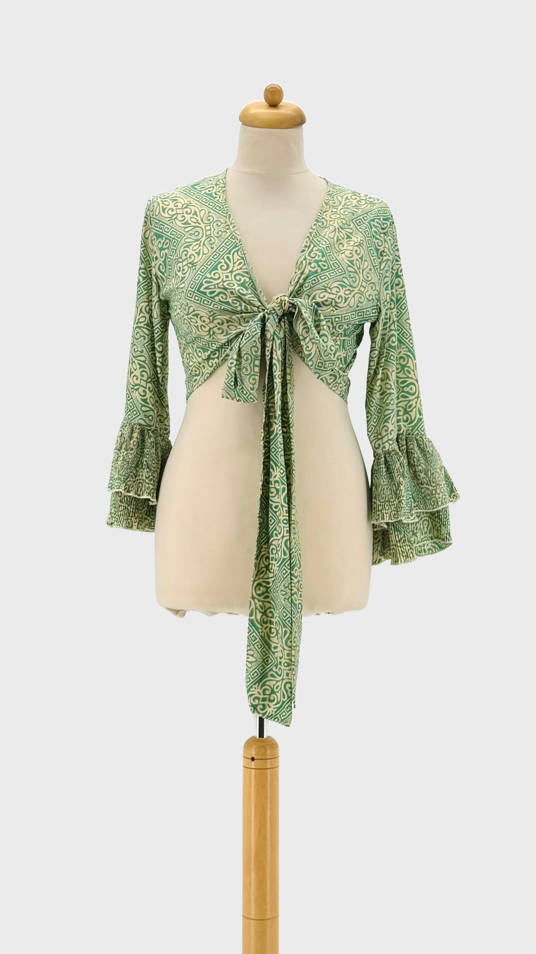 (ROSE - TURQUOISE - KAKI) Haut bohème en viscose avec imprimé ethnique et manches longues à volants en vente sur Faire3