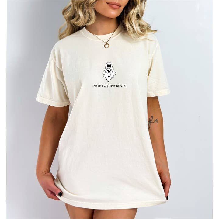 Custom T Story - Wholesale Screen Printed T-Shirt - Women's - Comfort colors Tee, Halloween Shirt, Here for the Boos Shirt1