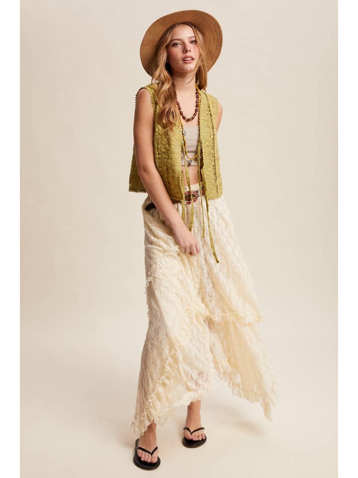 Listicle - Wholesale Outerwear Vest - Women’s - Embroidered Lace Tie-Front Vest LVT0099