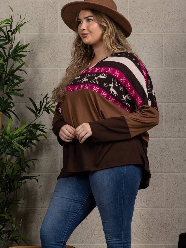 REINDEERS PRINT HICKORY BROWN CONTRAST KNIT TOP PLUS SIZE for wholesale by Stylish Wholesale