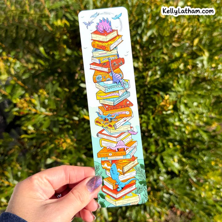 Dinosaur Book Stack Bookmark Bookish Dinosaur Gift for wholesale by Kelly Latham Art