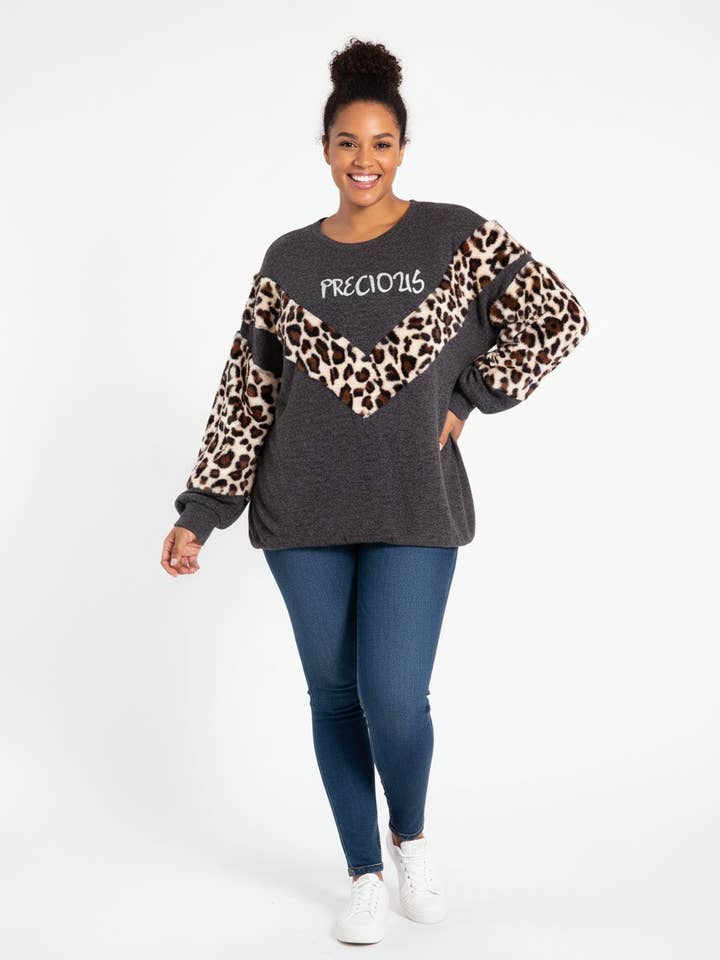 Plus size gray sweater with leopard print (C6322) for wholesale by Pomme Rouge Paris