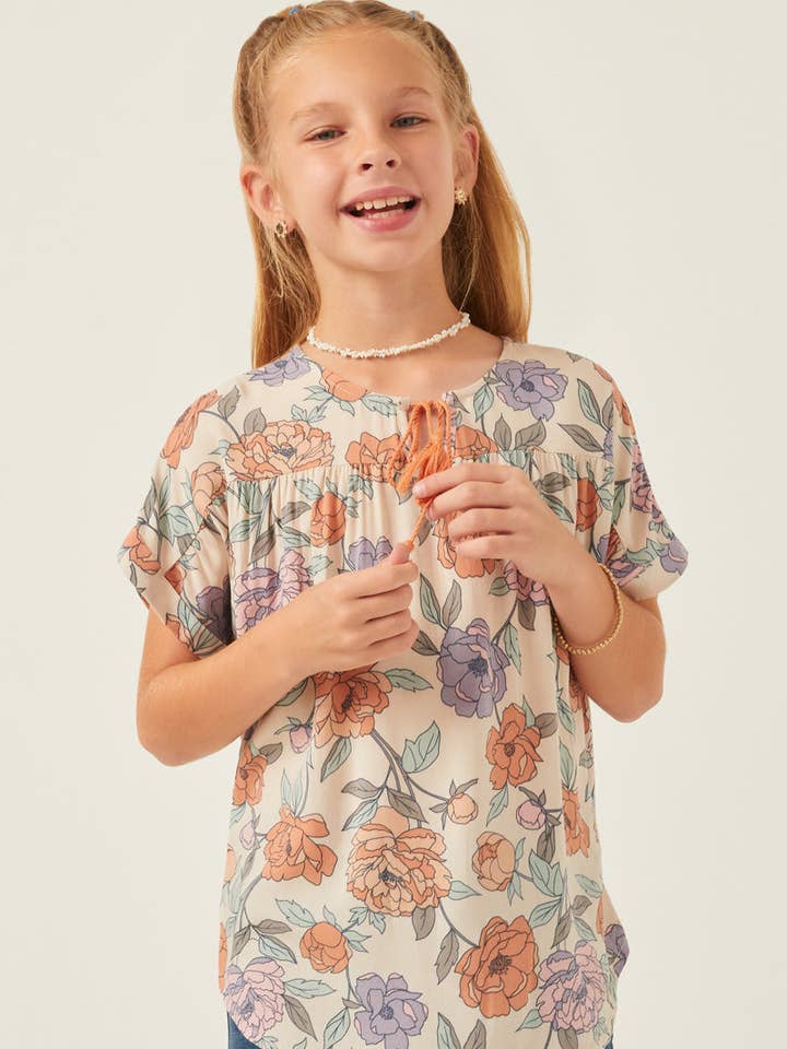 Girls Romantic Floral Tassled Short Sleeve Dolman for wholesale by Hayden LA