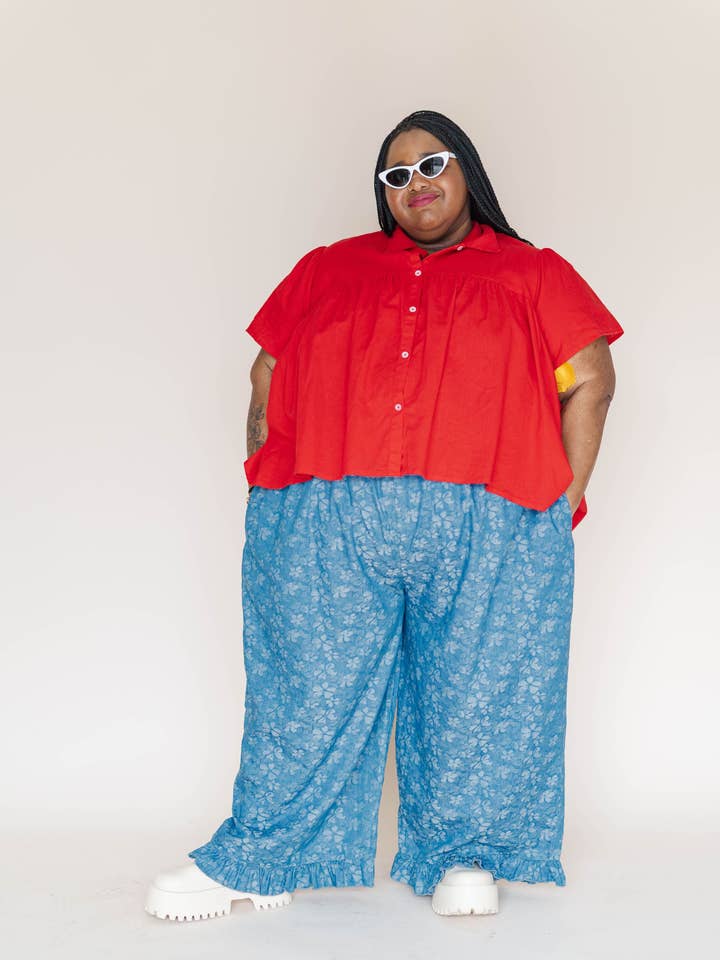 Size Inclusive Plus Size Unisex Floral Chambray Ruffle Pants for wholesale by Nettle Studios