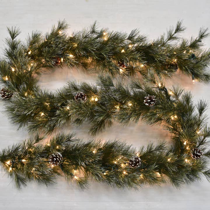 ES Essentials - Wholesale Bunting/Garland - Christmas Flocked Foxtail Pine Garland 9' 100 Lights