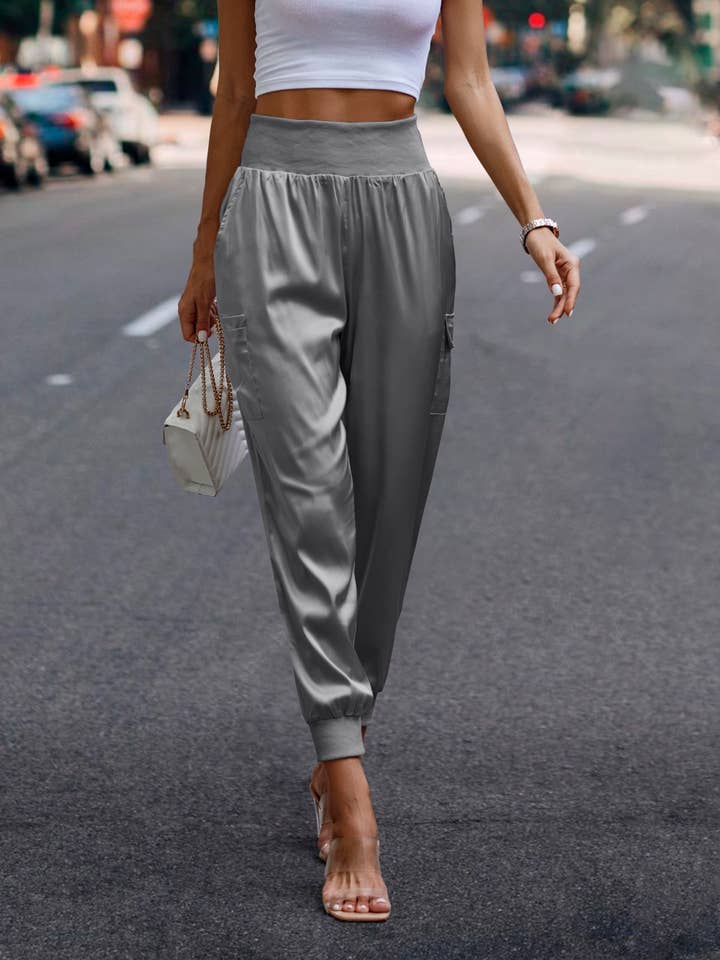 eLook - Wholesale Lounge Sweatpants/Joggers - Women's - SZ1-P0012 Satin Cargo Jogger with Ribbed Waist31