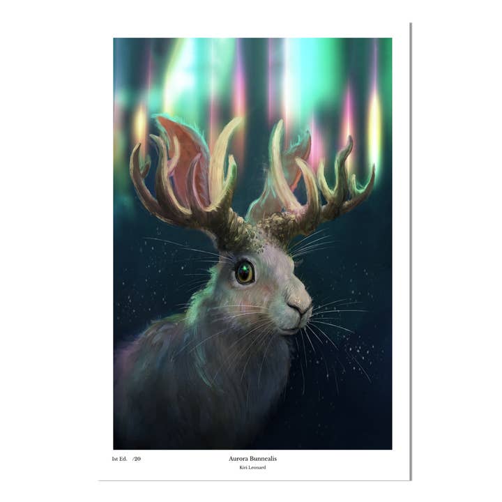 Kunstdruck: Aurora Bunnealis the Jackalope für den Großhandel von Valkiri LLC