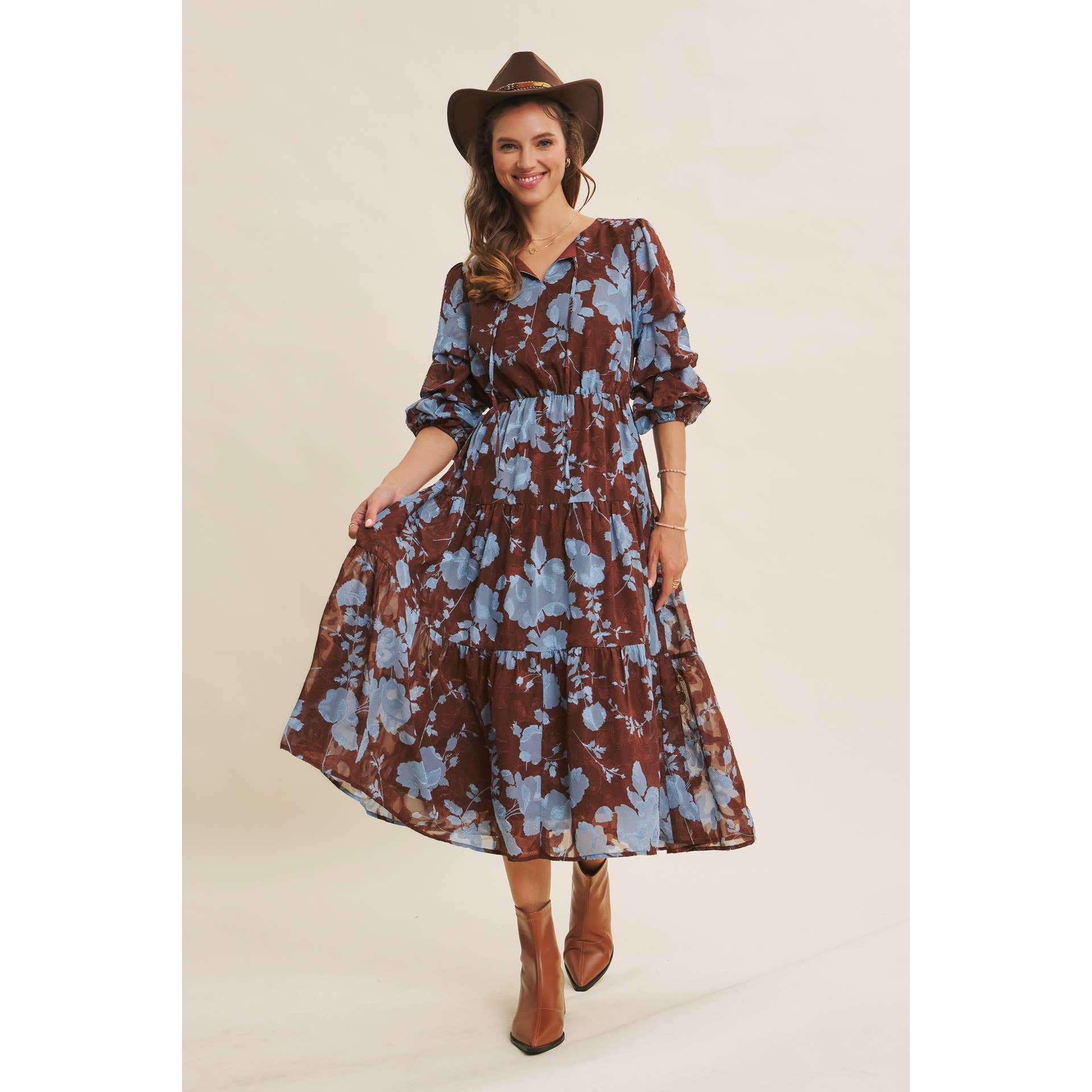 in february - Wholesale Dress - Women's - DREAMY JACQUARD FLORAL MIDI DRESS WITH STATEMENT SLEEVES17