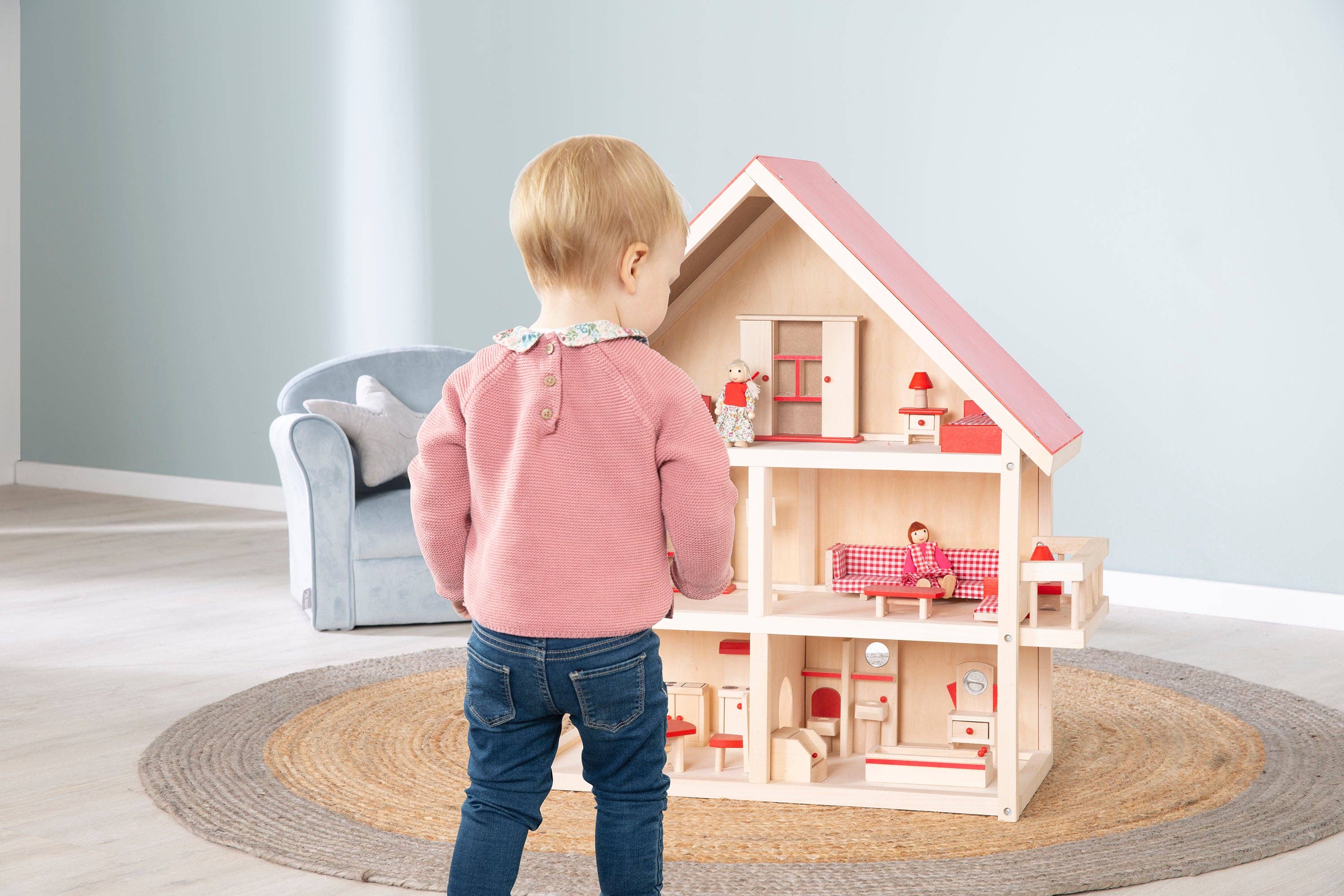 roba kids - Vente Accessoire de poupée – enfant - Maison de poupées Roba en bois massif avec meubles et poupées, jouets pour filles3