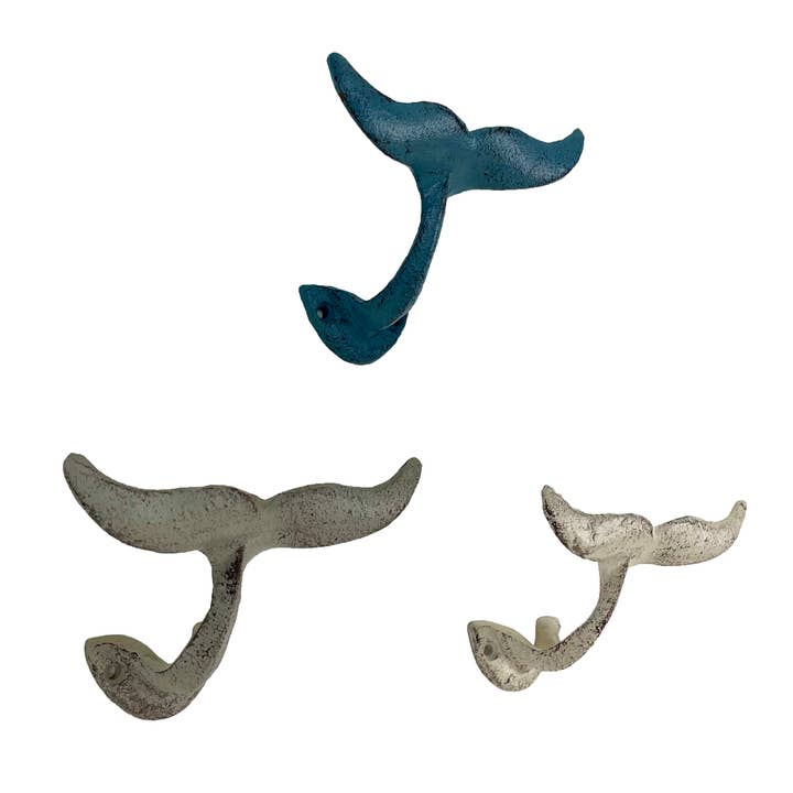 Zeckos - Wholesale Wall hook - Set of 3 Cast Iron Nautical Whale Tail Wall Hooks