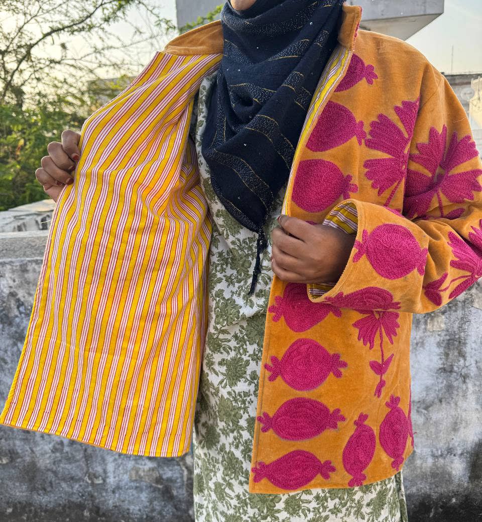 bhavnas boutique - Wholesale Jacket - Women's - Orange Velvet Kimono Robe Floral Embroidery Velvet Jackets3