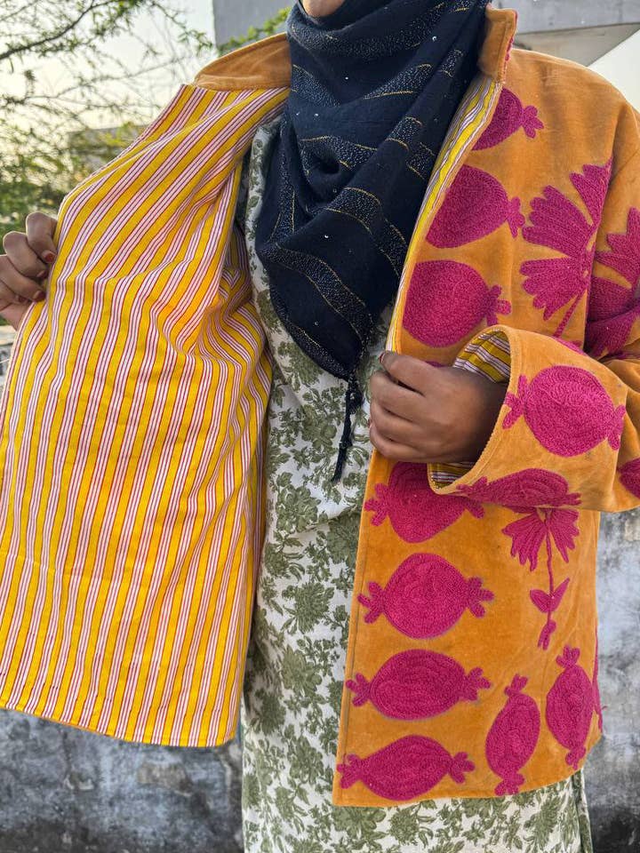 bhavnas boutique - Wholesale Jacket - Women's - Orange Velvet Kimono Robe Floral Embroidery Velvet Jackets3