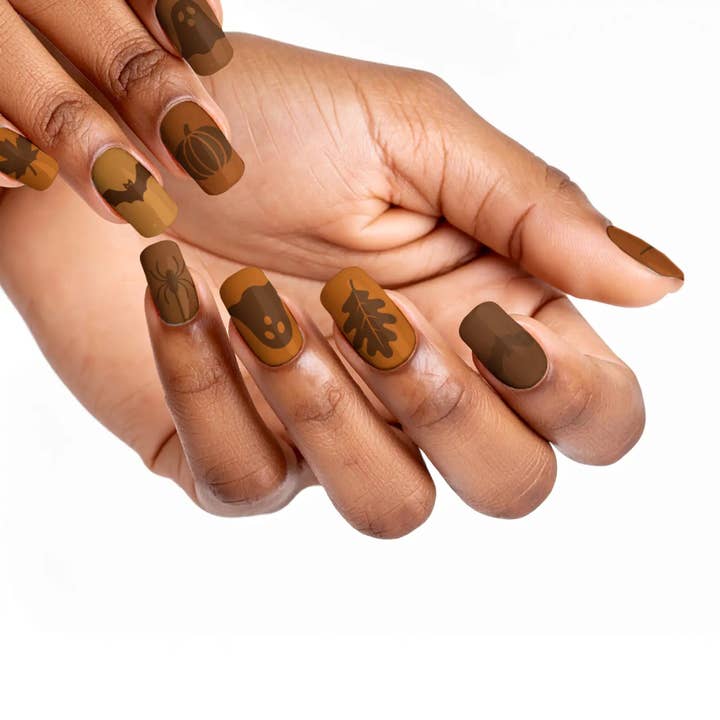 Spiced Cauldron Glam Brown Halloween Press-On Nails for wholesale by FYNE BODY