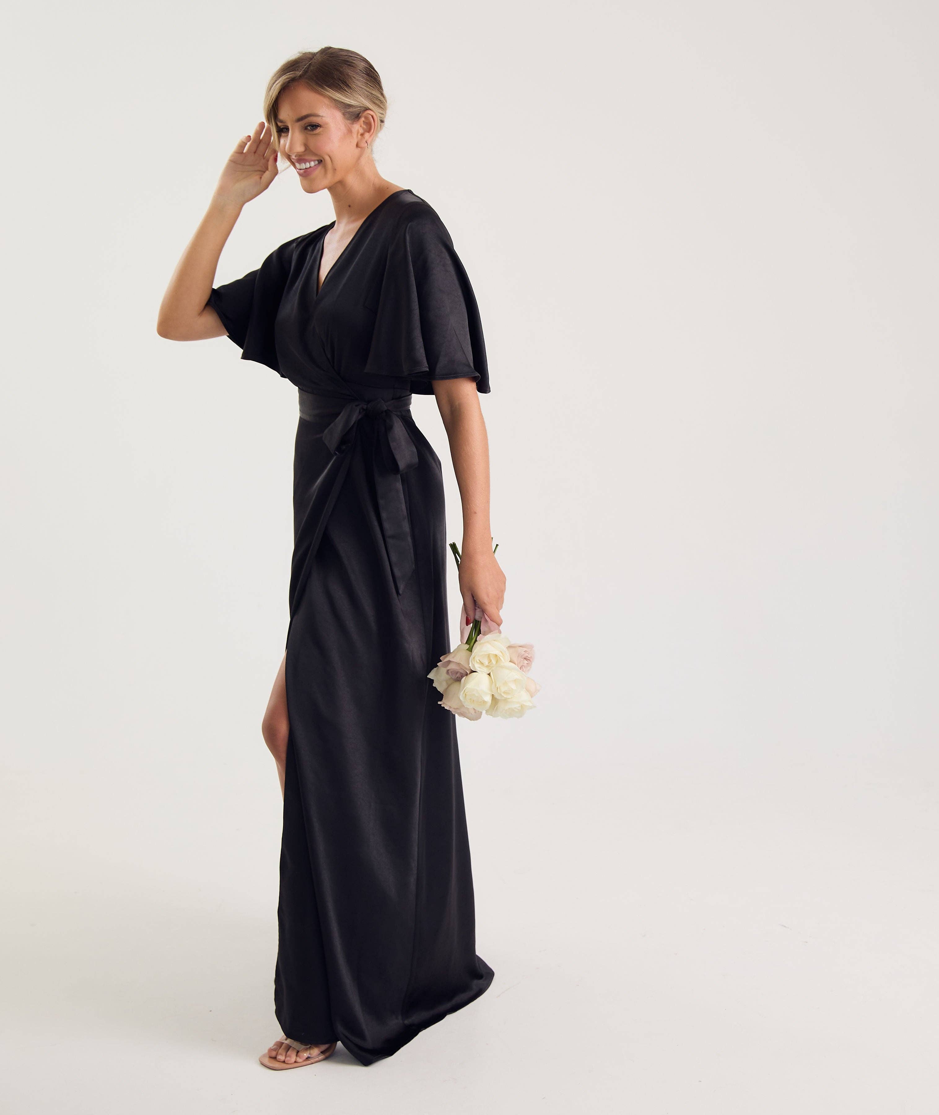 Six Stories - Wholesale Dress - Women's - Wrap Tie Satin Bridesmaid Dress - Black3