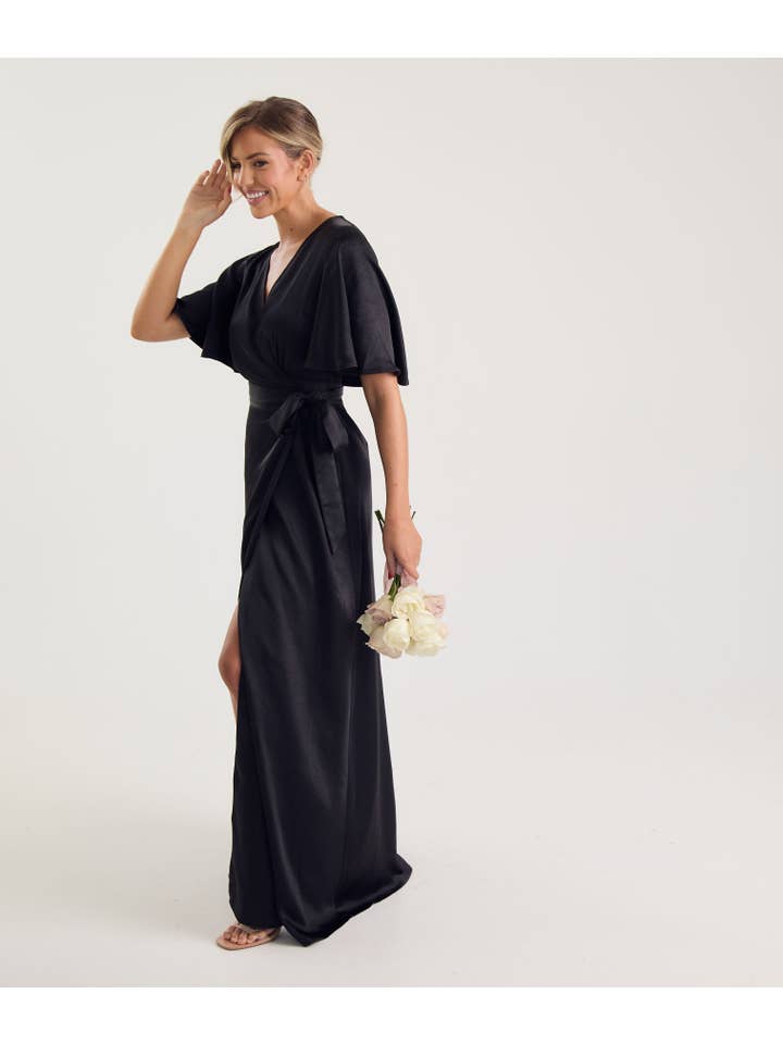 Six Stories - Wholesale Dress - Women's - Wrap Tie Satin Bridesmaid Dress - Black3