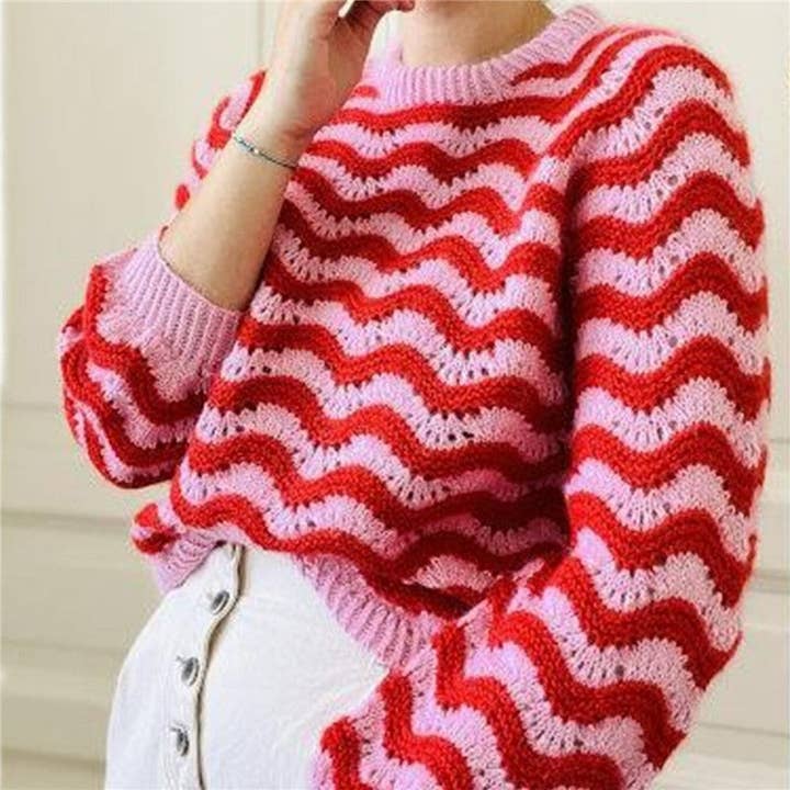 PINK Round Neck Color Block Wave Stripe Sweater for wholesale on Faire1