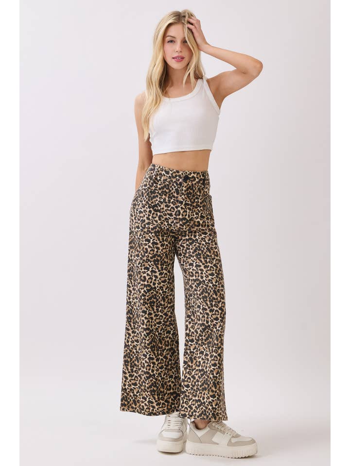 BROWN Stretch Twill Leopard Wide Leg Pants for wholesale on Faire2