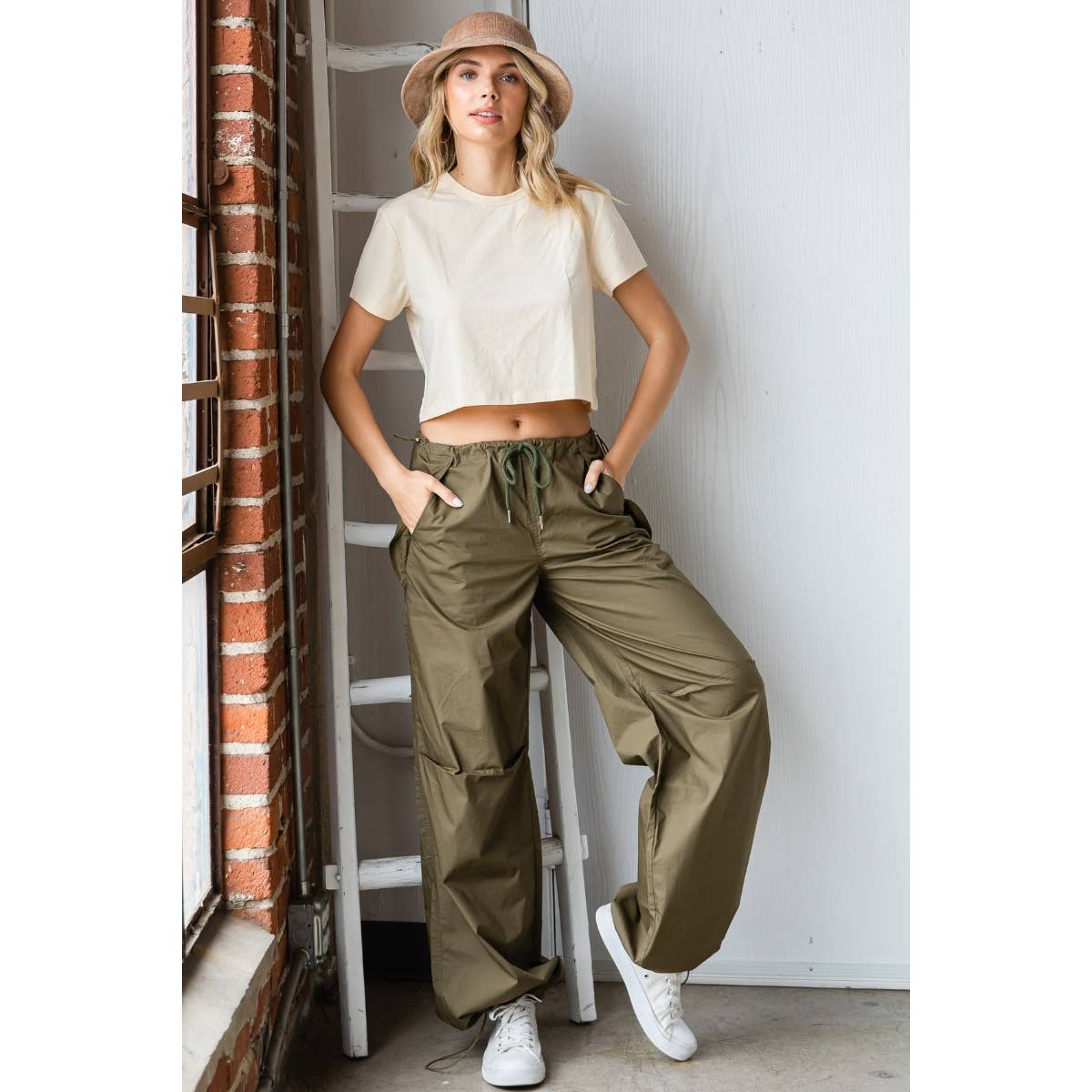 Olive Wide Fit Drawstring Parachute Pants for wholesale on Faire3