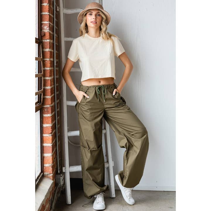 Olive Wide Fit Drawstring Parachute Pants for wholesale on Faire3