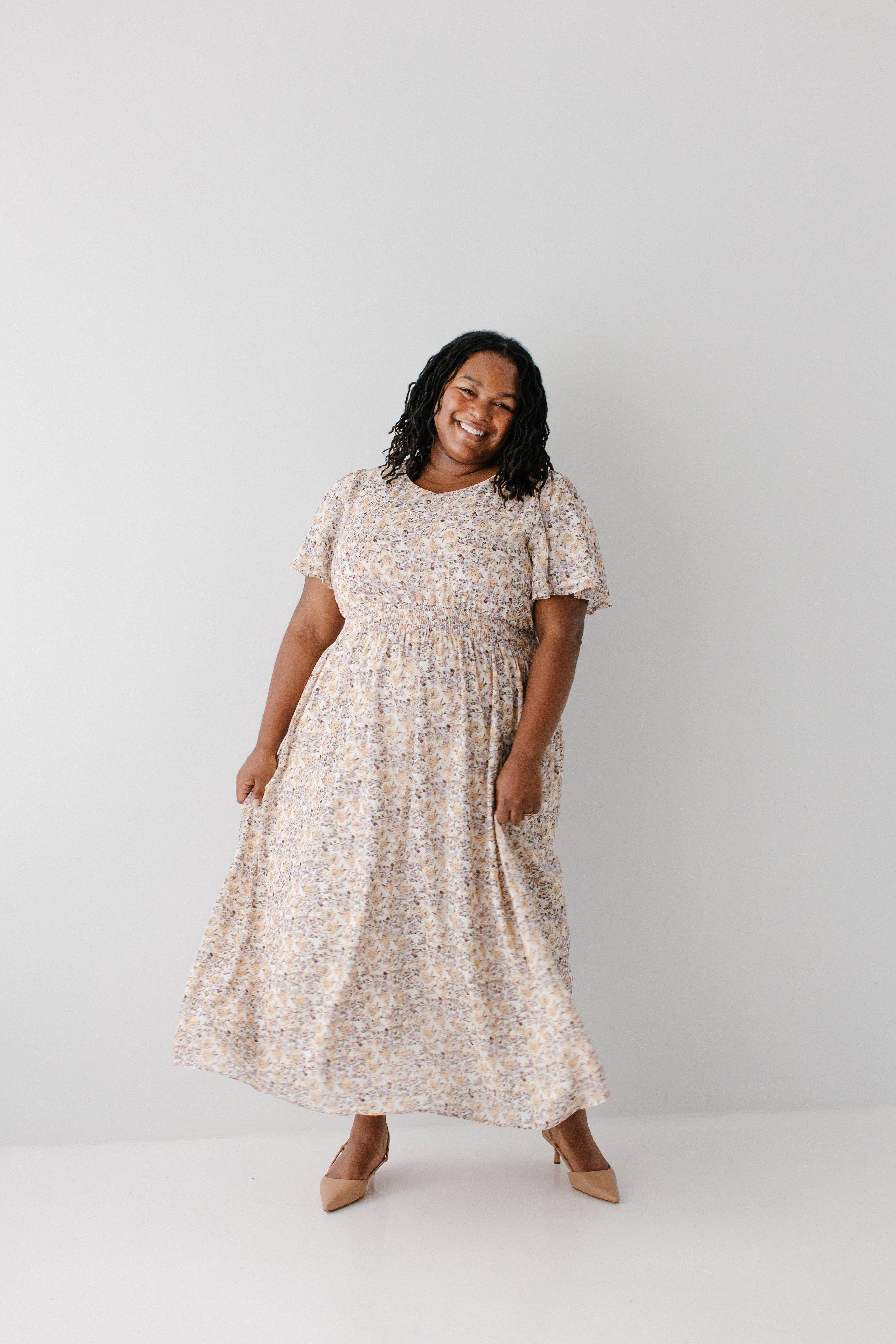 Ivory 'Felicity' Floral Print Smocked Waist Maxi Dress for wholesale on Faire1