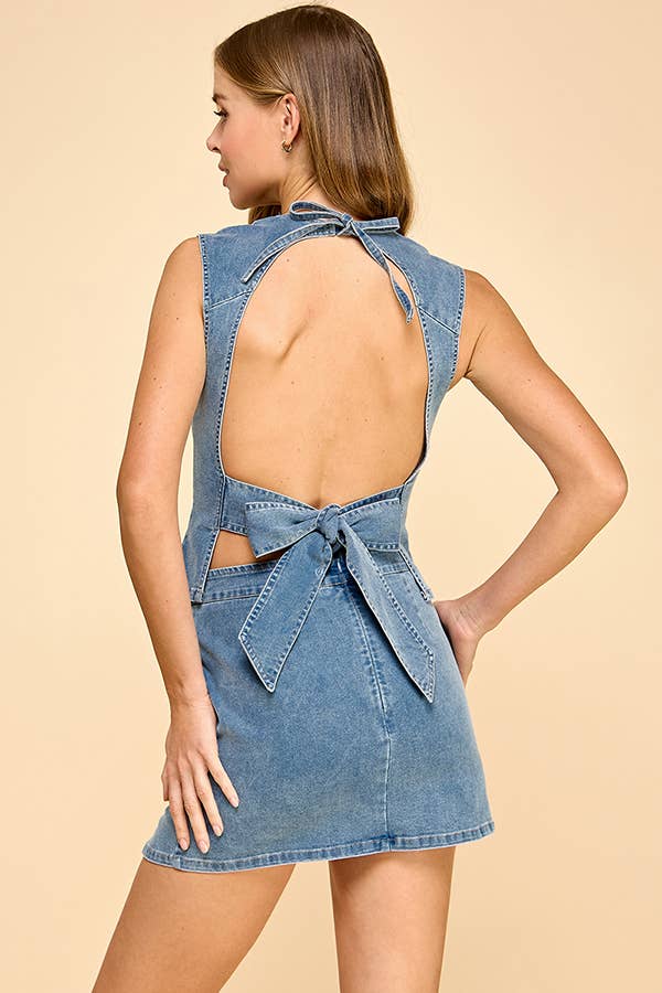 Round neckline open back denim set with back ribbon strap  for wholesale on Faire7