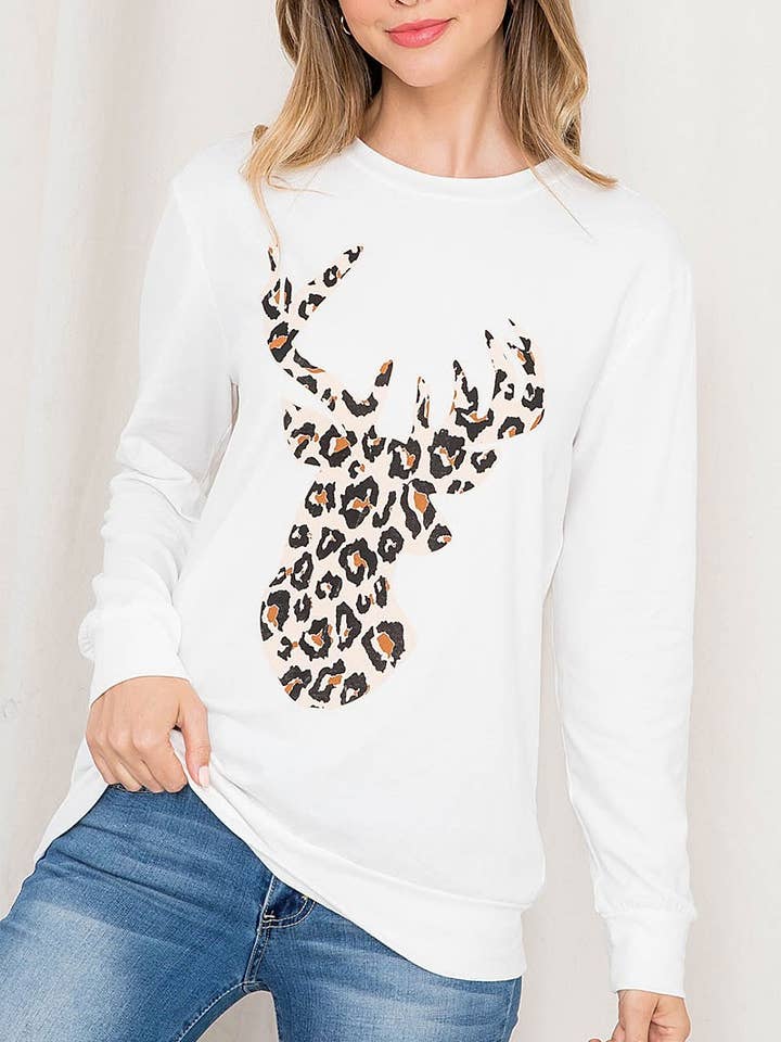 ROUSSEAU - Wholesale Blouse - Women's - LEOPARD MOOSE PRINT LONG SLEEVE TOP0