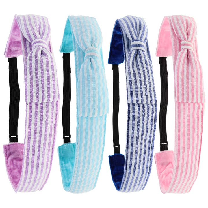Adjustable No Slip Seersucker Bow Headbands - 4 Pack for wholesale by Frog Sac