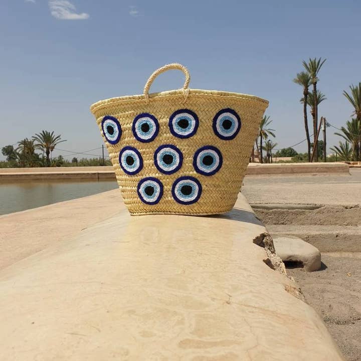 Evil Eye Straw beach bag - French market basket for wholesale by HandmadeBestSeller