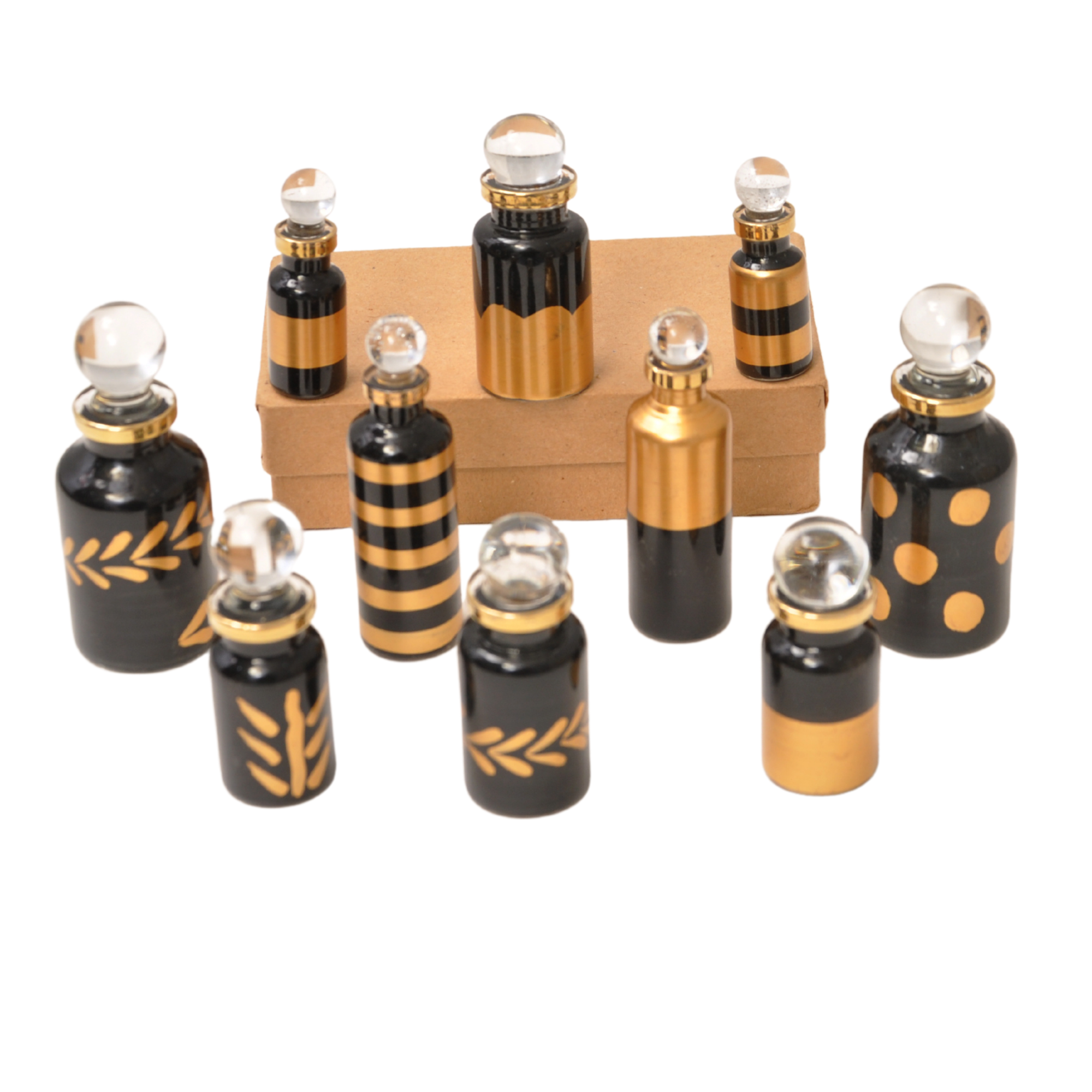 CraftsOfEgypt – wholesale Atomiser bottle – Genie Blown Glass Miniature Perfume Bottles for Perfumes and Essential Oils, Set of 10 Decorative Vials, Each 2" High (5cm), Black & Gold4