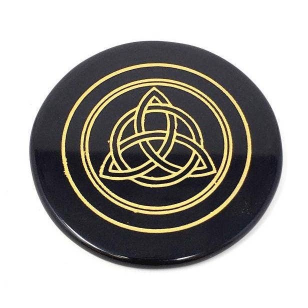 Black Agate Coaster/Altar Tile - Triquetra 3" for wholesale by GREENROOTS USA LLC