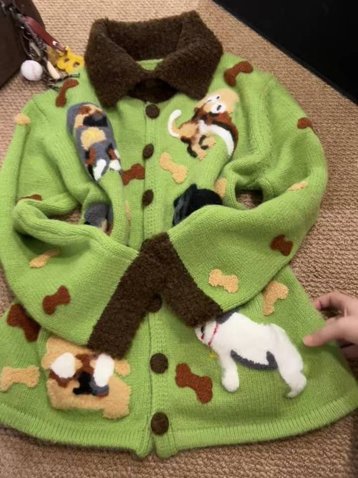 Rosa Clothing - Wholesale Cardigan - Women's - Cartoon puppy patterned Boxy Loose Knit Cardigan jacket11