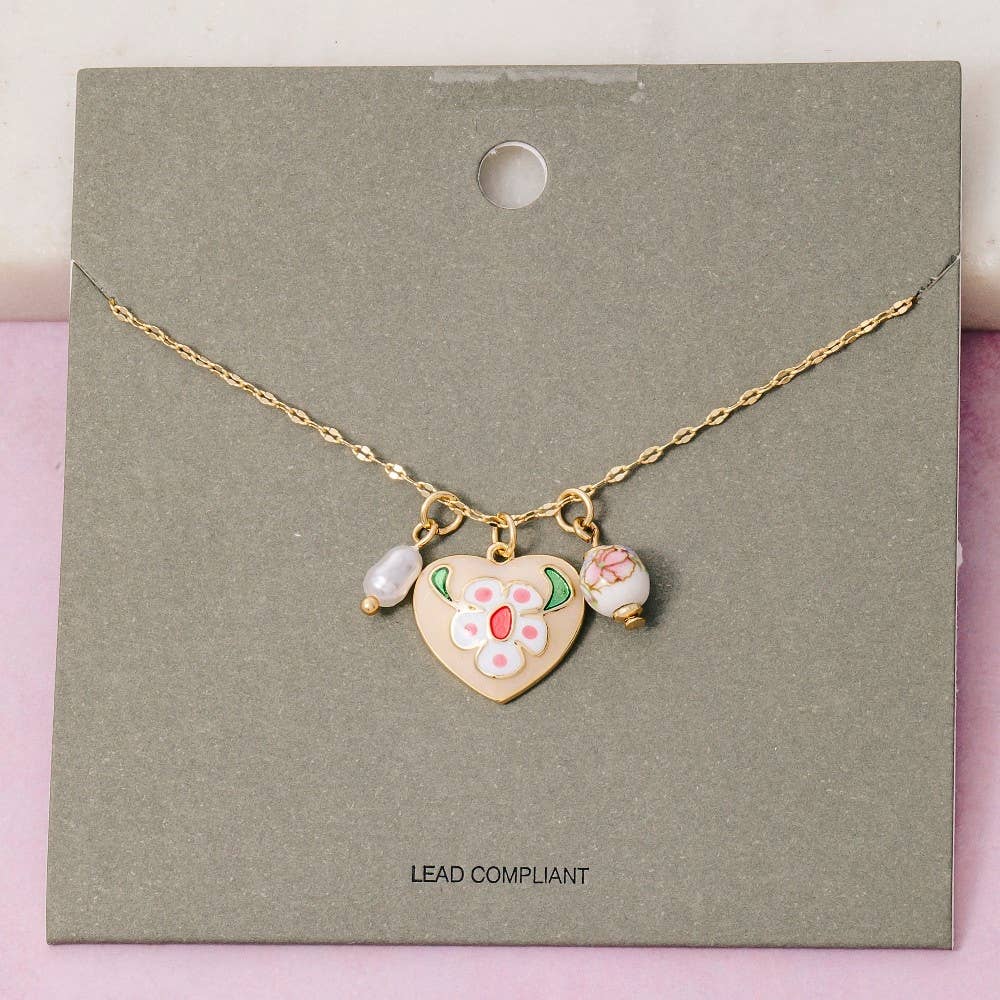 Fame Accessories - Wholesale Link & Chain Necklace - Enamel Heart And Ceramic Floral Charms Chain Necklace6