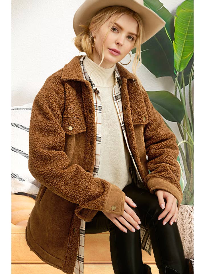 La Miel – wholesale Jacket – Women's – JKT1790-Faux Suede Oversized Button Down Jacket with Pockets9