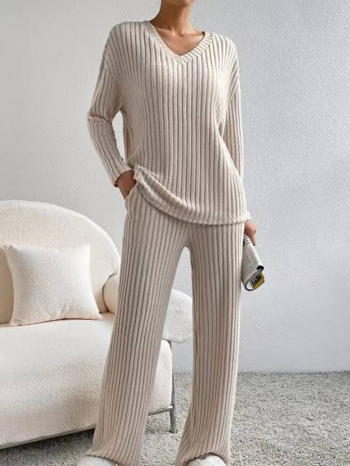 NINEXIS - Wholesale Top & Pant Set (NOT Loungewear) - Women's - CWSTB1175_V-NECK CASUAL RIBBED LONG-SLEEVED KNITTED SUIT