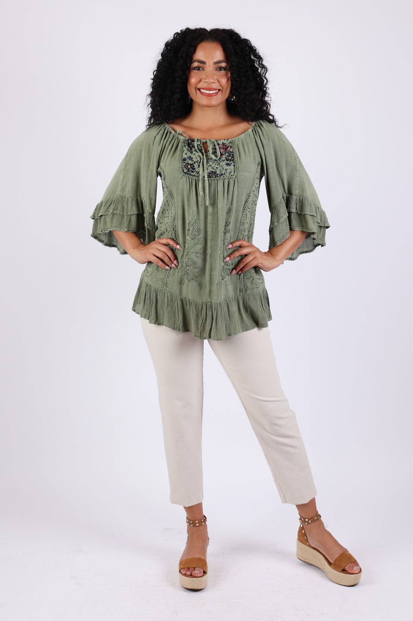 Sacred Threads - Wholesale Blouse - Women's - Embroidered Boho Peasant Blouse: Ruffle Bell Sleeves Top2