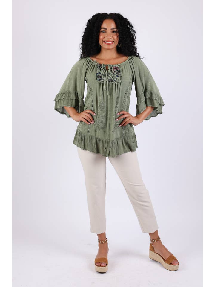 Sacred Threads - Wholesale Blouse - Women's - Embroidered Boho Peasant Blouse: Ruffle Bell Sleeves Top2