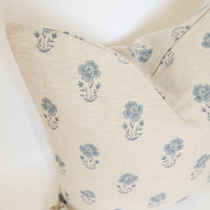 Cozy Prairie Linens Co. - Wholesale Throw Pillow Cover - Signature Linen Petite Blue Floral Pillow Cover2