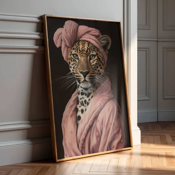 Unique Chic Leopard in Pink Dressing Gown Wall Art Print for wholesale by Belter Prints